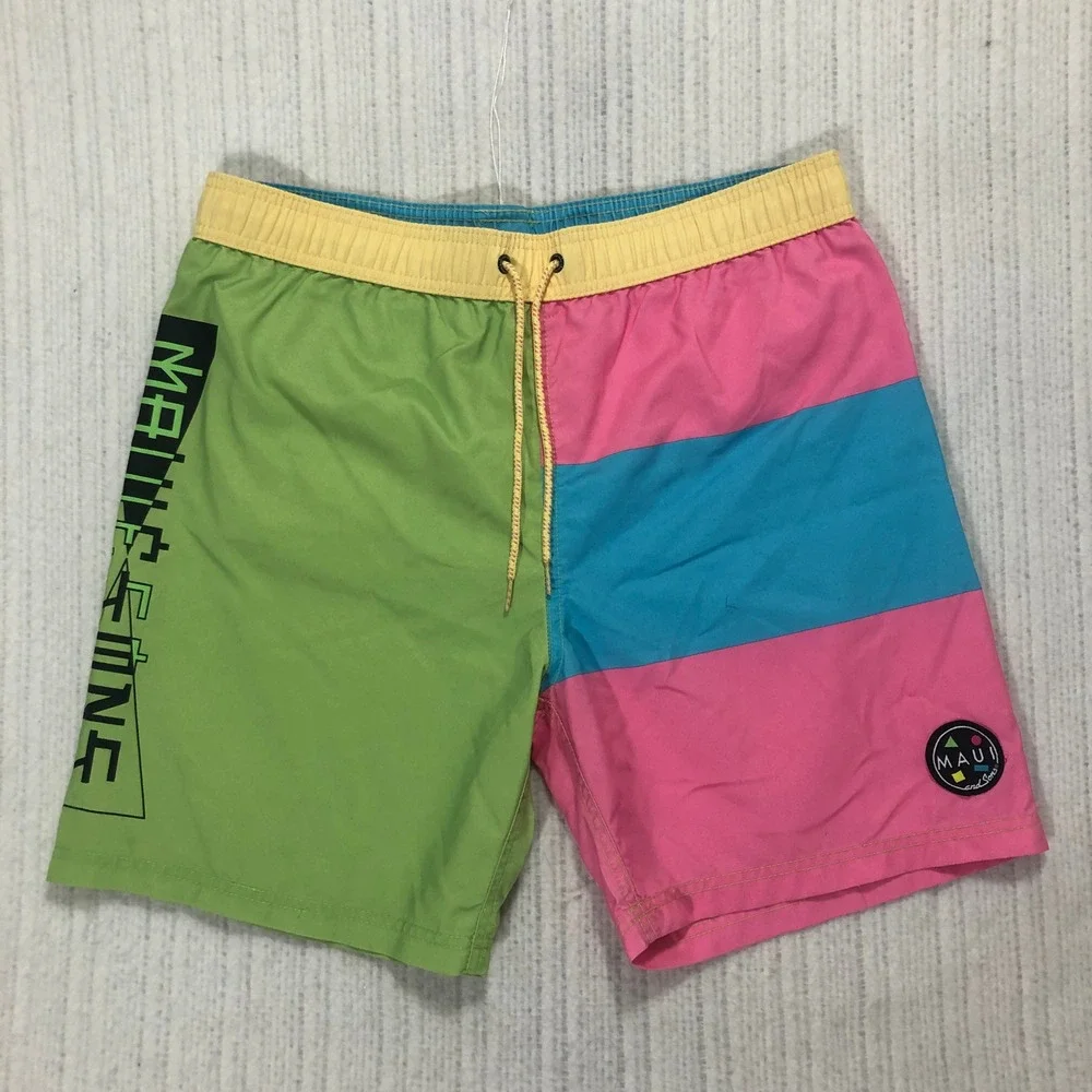 Maui and Sons‎ Color Block Swim Trunks Retro 80s Style Drawstring Waist